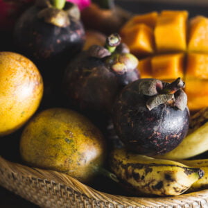 Fruit plate with mango, passion fruit, mangosteen, dragonfruit o